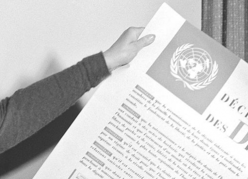November 1949, Eleanor Roosevelt of the United States holding a Universal Declaration of Human Rights poster in French. 