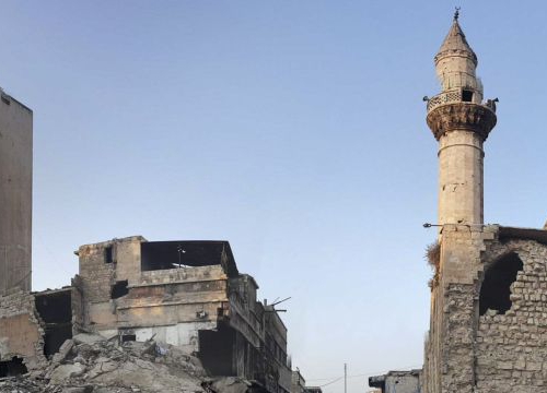 Syria, Aleppo, Al-Swaiqa. Destructions at the entrance of one of the ancient bazars in the city. 