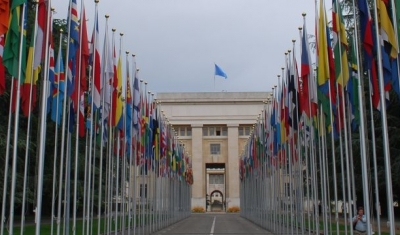 Flags outside the Palais de Nations in Geneva