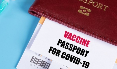 A photo with a passport and COVID-19 vaccine certificate