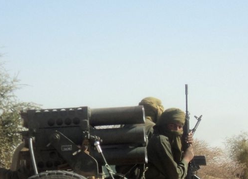 Touareg militants driving near Timbuktu, Mali