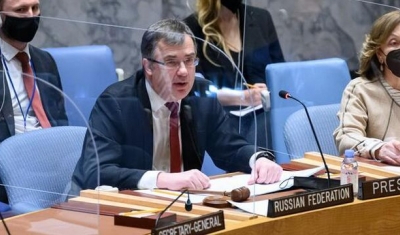 Gennady Kuzmin, Deputy Permanent Representative of the Russian Federation to the United Nations and President of the Security Council for the month of February, chairs the Security Council meeting on threats to international peace and security caused by t