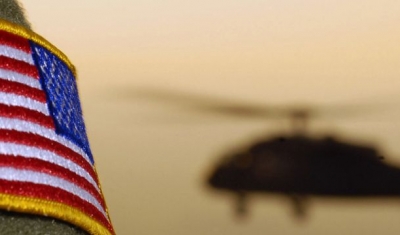 Close-up of a US Flag patch as a US Army (USA) UH-60A Black Hawk (Blackhawk) helicopter