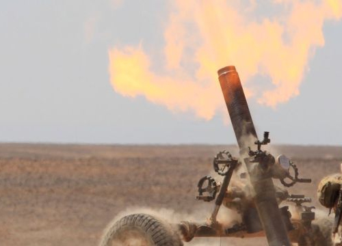 Marines with India Battery, the artillery attachment for Battalion Landing Team 1st Battalion, 2nd Marine Regiment, 24th Marine Expeditionary Unit, fire a 120 mm towed mortar system, called the Expeditionary Fire Support System.