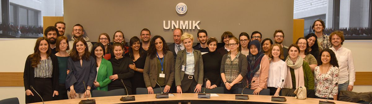 Group photo of LLM students during their study trip to Belgrade and Kosovo, at the UN Mission in Kosovo (UNMIK)