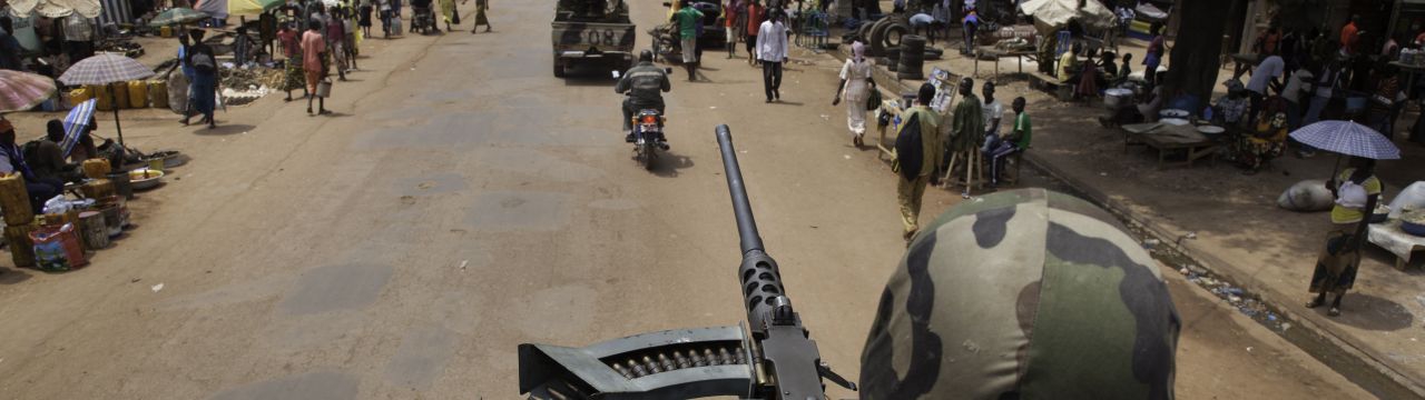 Central African Republic, Bangui. Soldiers of the Democratic Republic of Congo patrol the Multinational Force of Central African States - 