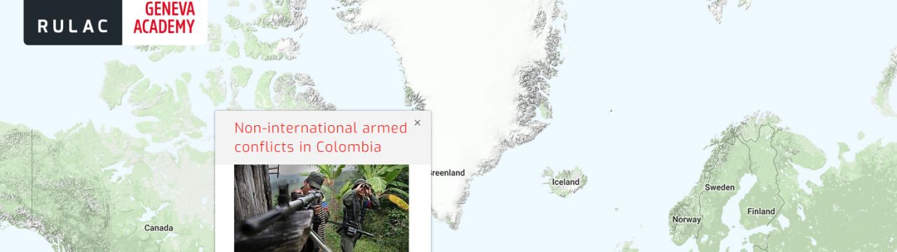 Map of the RULAC online portal with the pop-up window of the non-international armed conflicts in Colombia