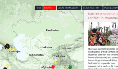 Map of the RULAC online portal with the pop-up window of the non-international armed conflicts in Myanmar