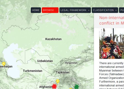 Map of the RULAC online portal with the pop-up window of the non-international armed conflicts in Myanmar