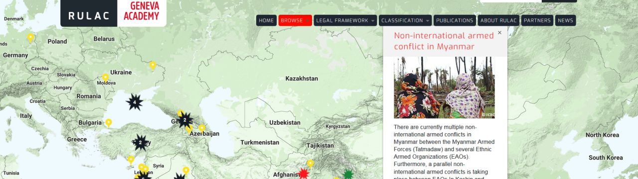 Map of the RULAC online portal with the pop-up window of the non-international armed conflicts in Myanmar