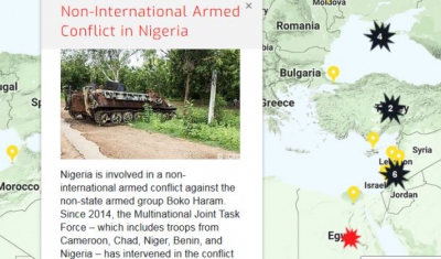 Map of the RULAC online portal with the pop-up window of the non-international armed conflict in Nigeria