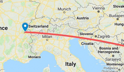 Map showing flight route from Geneva to Belgrade