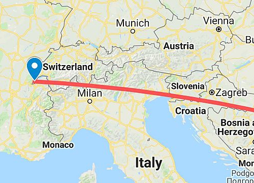 Map showing flight route from Geneva to Belgrade