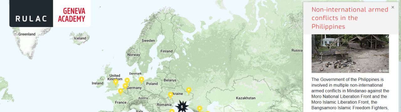 Map of the RULAC online portal with the pop-up window of the non-international armed conflicts in the Philippines