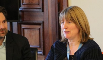 Professor Fionnuala Ni Aolain at the TJ Cafe, next to the Co-Director of the MAS in Transitional Justice Thomas Unger and the Teaching Assistant Firouzeh Mitchell