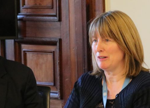 Professor Fionnuala Ni Aolain at the TJ Cafe, next to the Co-Director of the MAS in Transitional Justice Thomas Unger and the Teaching Assistant Firouzeh Mitchell