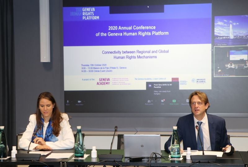 Gloria Gaggioli, Director of the Geneva Academy and Felix Kirchmeier, Executive Director of the Geneva Human Rights Platform