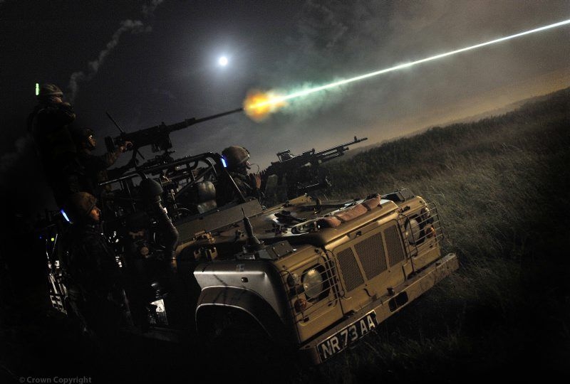 Soldiers from 15 Squadron Royal Air Force Regiment, fire a vehicle mounted .50 calibre gun at a target during Exercise Serpent Crusade at Castle Martin, Wales.