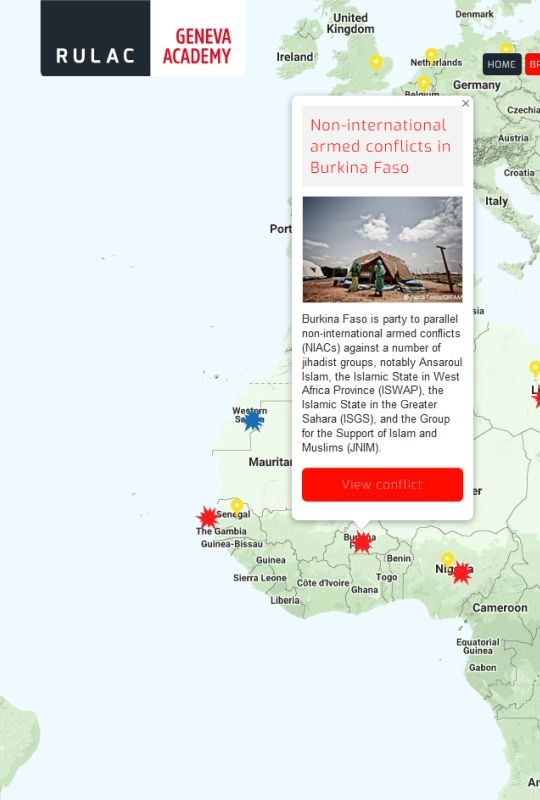 Map of the RULAC online portal with the pop-up window on the non-international armed conflicts in Burkina Faso