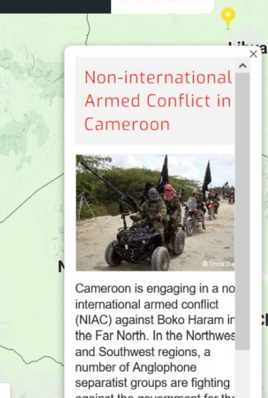Map of the RULAC online portal with the pop-up window on the non-international armed conflicts in Cameroon