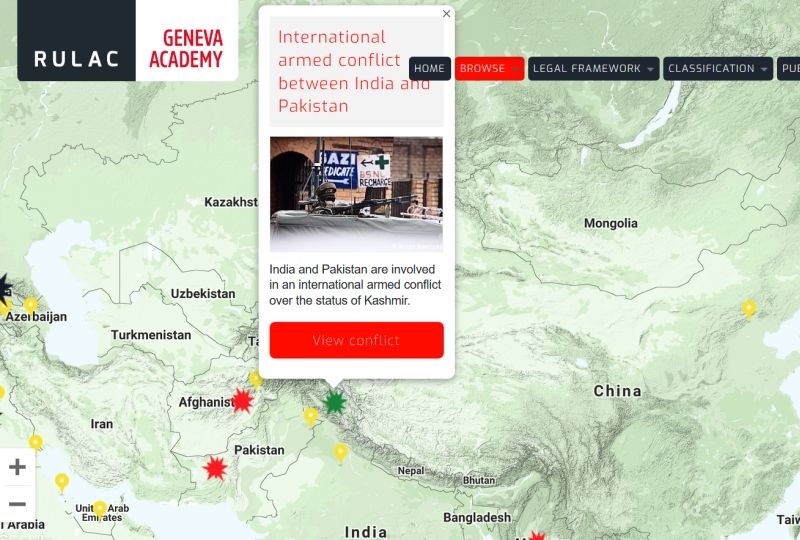 Map of the RULAC online portal with the pop-up window on the international armed conflict between India and Pakistan