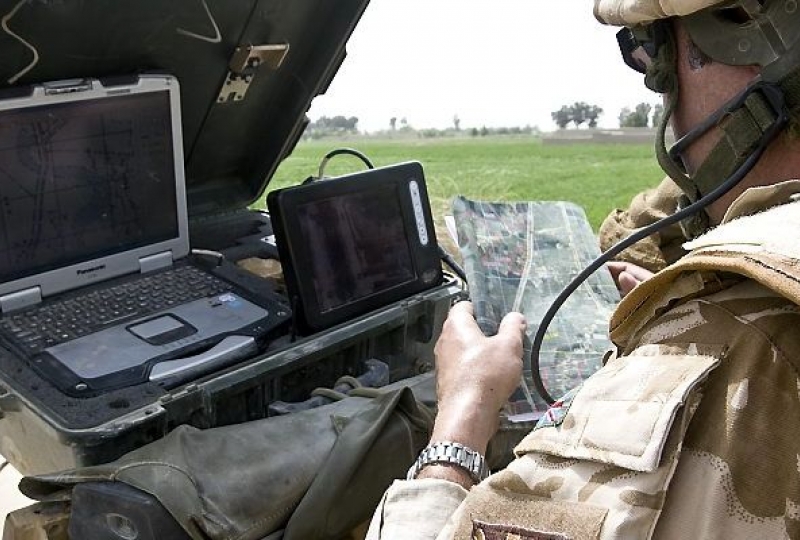 A soldier of Bravo Company, 1 Rifles is pictured manning a Desert Hawk UAV (Unmanned Aerial Vehicle) from a remote controlling unit in Afghanistan.