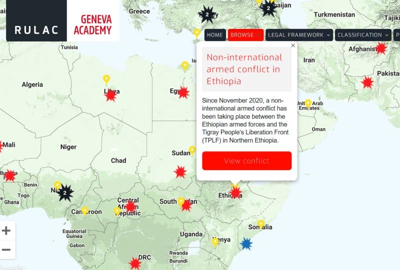 Map of the RULAC online portal with the pop-up window on the NIAC in Ethiopia