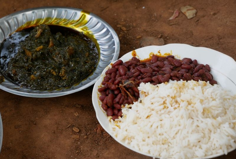 Eru a local dish, plus a plate of rice and red fried beans prepared by the women during the Food Fair organized by the GML project on Food Security and Forests in Ndelele, East Cameroon.