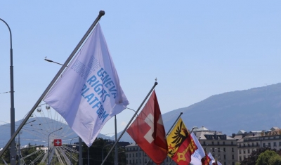 Flags of the Geneva Human Rights Platform on the Mont-Blanc bridge