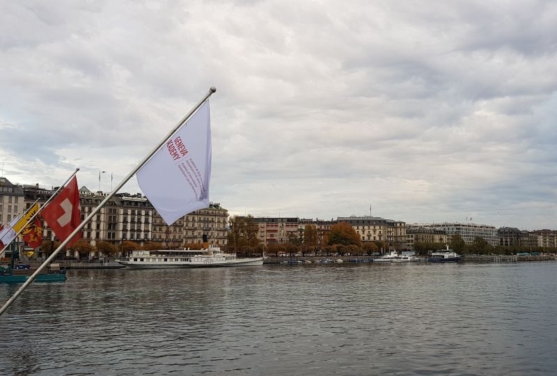 Geneva Academy flags on the Mont-Blanc bridge