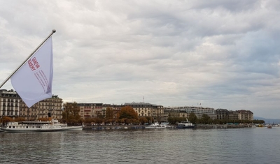 Geneva Academy flags on the Mont-Blanc bridge