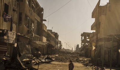 Iraq, 2017, Mosul. Children playing in the streets. Many of the houses and civilian infrastructure has been destroyed during the offensives. 