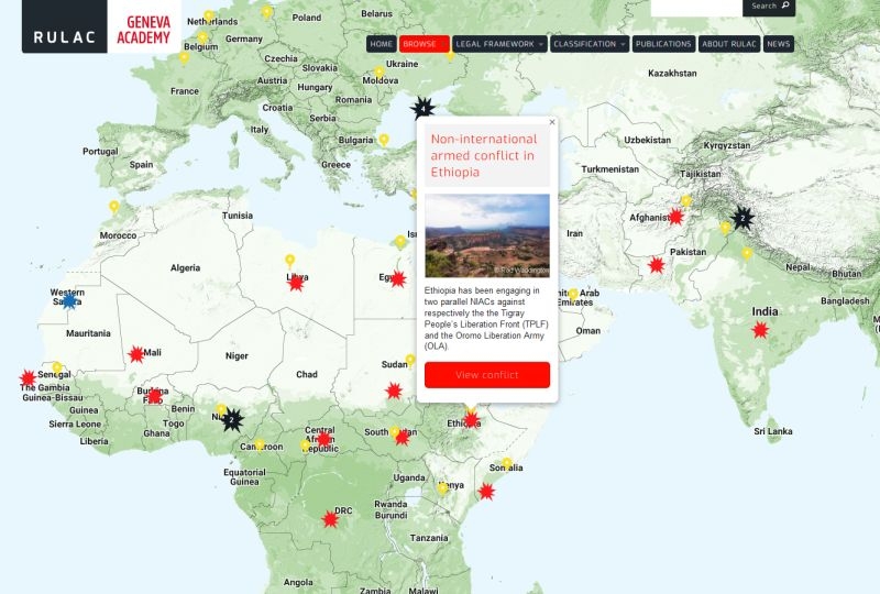 Map of the RULAC online portal with the pop-up window on the NIACs in Tigray