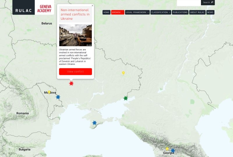 Map of the RULAC online portal with the pop-up window of the non-international armed conflicts in Ukraine