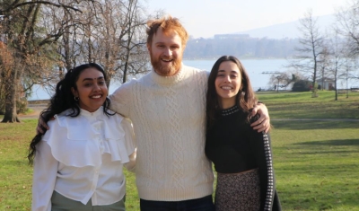 Benjamin Greenacre, Anamika Pillai and Rodanthi Violaki in the park surrounding Villa Moynier