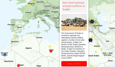 Map of the RULAC online portal with the pop-up window on the non-international armed conflicts in Sudan