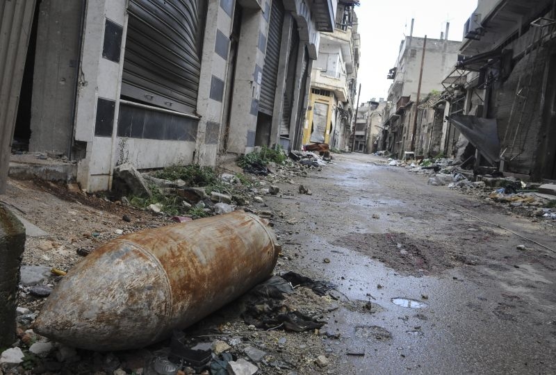 Syria, Homs. Unexploded ordnance in the street. 